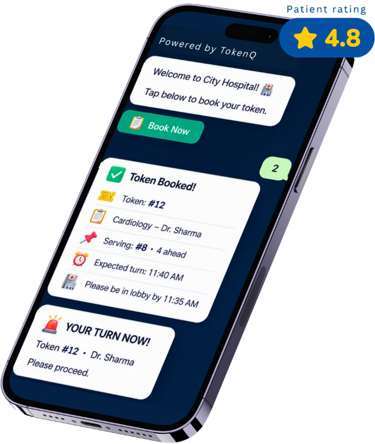 TokenQ WhatsApp booking flow on a smartphone — token booked, queue position, and turn alert